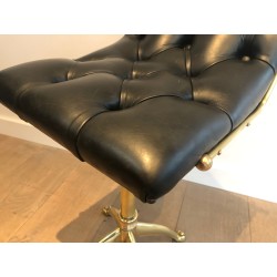 Brass Stool with Claw Feet and Tufted Leather Seat, in the Style of Maison Jansen, French Work, Circa 1940