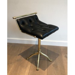 Brass Stool with Claw Feet and Tufted Leather Seat, in the Style of Maison Jansen, French Work, Circa 1940
