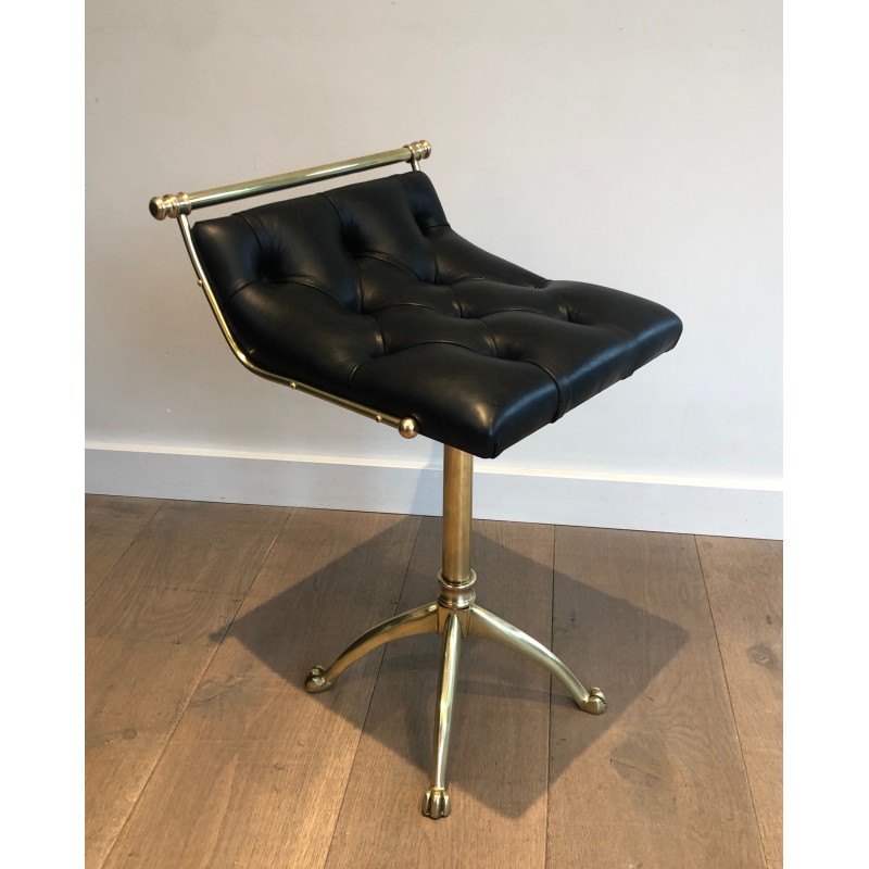 Tabouret en Laiton à Pieds Griffes et Assise de Cuir Capitonné, dans le Goût de la Maison Jansen, Travail Français, Vers 1940