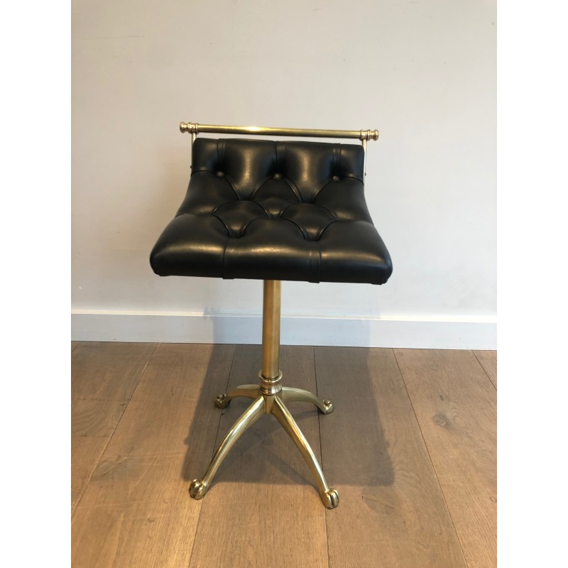 Brass Stool with Claw Feet and Tufted Leather Seat, in the Style of Maison Jansen, French Work, Circa 1940