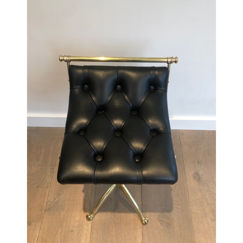 Brass Stool with Claw Feet and Tufted Leather Seat, in the Style of Maison Jansen, French Work, Circa 1940