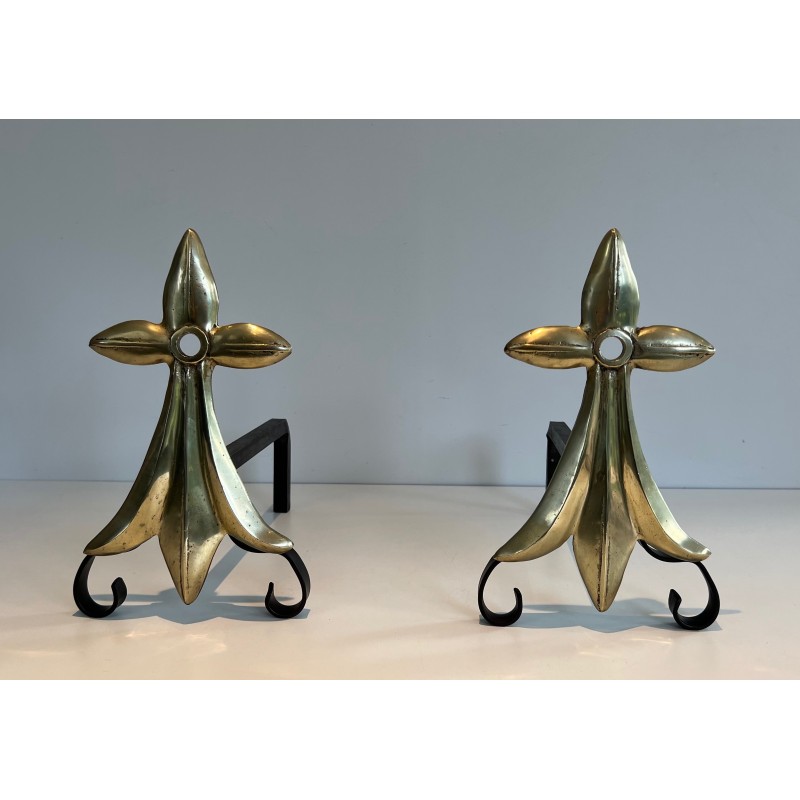 Pair of Art Nouveau Ermine-Motif Bronze and Wrought Iron Andirons, Signed MR, French Work, Circa 1900