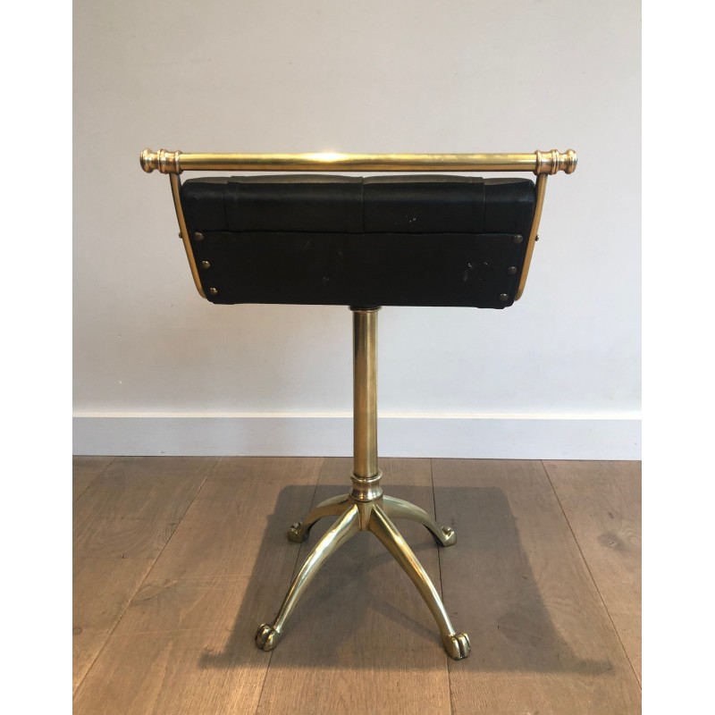 Brass Stool with Claw Feet and Tufted Leather Seat, in the Style of Maison Jansen, French Work, Circa 1940