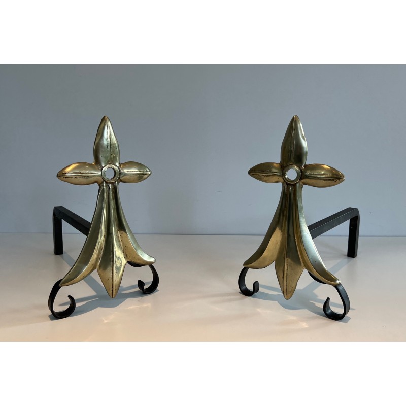 Pair of Art Nouveau Ermine-Motif Bronze and Wrought Iron Andirons, Signed MR, French Work, Circa 1900