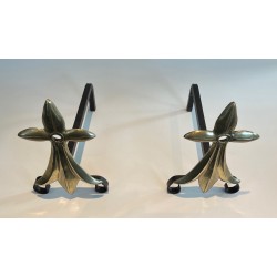 Pair of Art Nouveau Ermine-Motif Bronze and Wrought Iron Andirons, Signed MR, French Work, Circa 1900