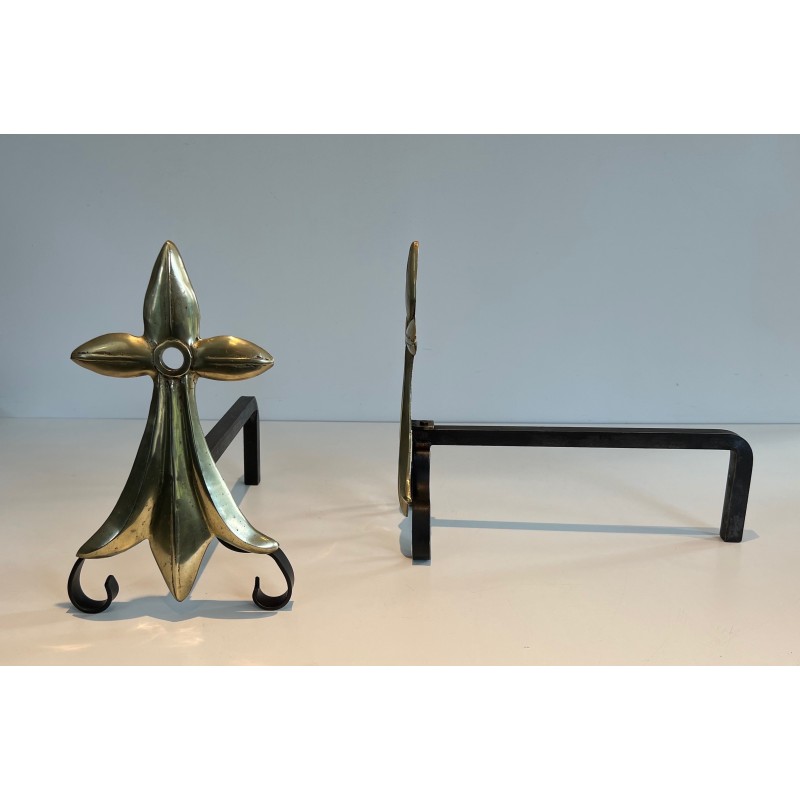 Pair of Art Nouveau Ermine-Motif Bronze and Wrought Iron Andirons, Signed MR, French Work, Circa 1900