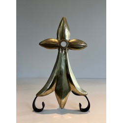 Pair of Art Nouveau Ermine-Motif Bronze and Wrought Iron Andirons, Signed MR, French Work, Circa 1900