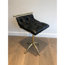 Brass Stool with Claw Feet and Tufted Leather Seat, in the Style of Maison Jansen, French Work, Circa 1940
