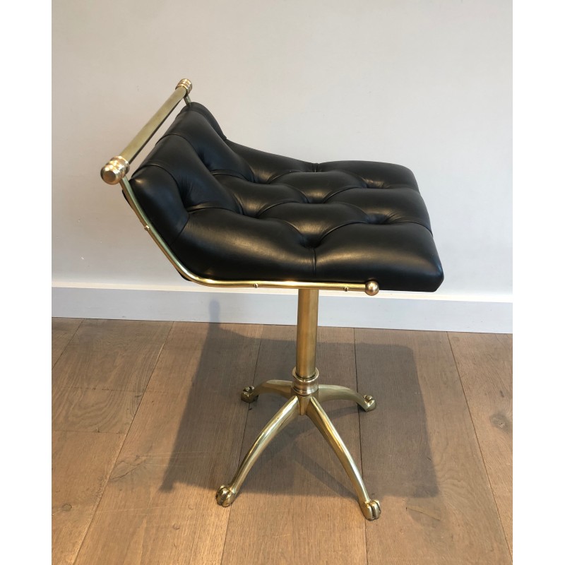 Tabouret en Laiton à Pieds Griffes et Assise de Cuir Capitonné, dans le Goût de la Maison Jansen, Travail Français, Vers 1940