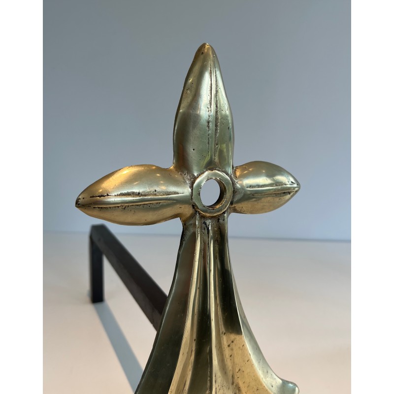 Paire de Chenets Art Nouveau en Bronze et Fer Forgé à Motif d'Hermine, Signés MR, Travail Français, Vers 1900