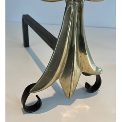 Pair of Art Nouveau Ermine-Motif Bronze and Wrought Iron Andirons, Signed MR, French Work, Circa 1900