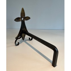 Pair of Art Nouveau Ermine-Motif Bronze and Wrought Iron Andirons, Signed MR, French Work, Circa 1900