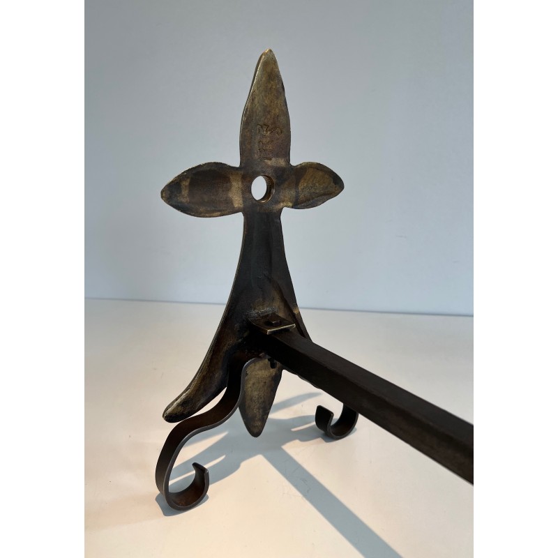 Pair of Art Nouveau Ermine-Motif Bronze and Wrought Iron Andirons, Signed MR, French Work, Circa 1900