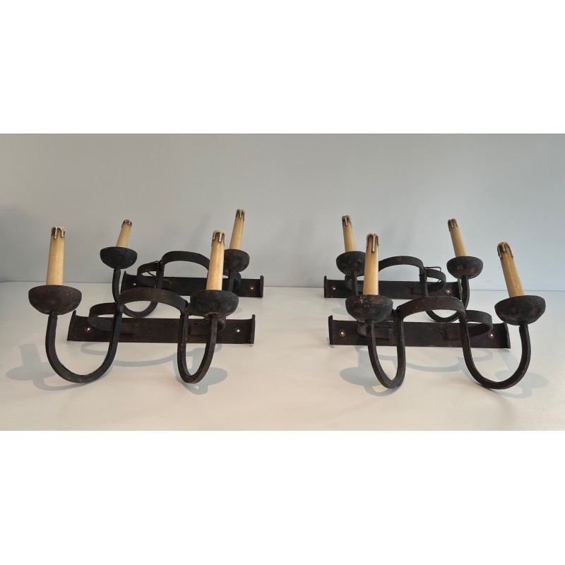 Set of Four Clover-Form Wrought Iron Wall Lights, French Work, Circa 1950