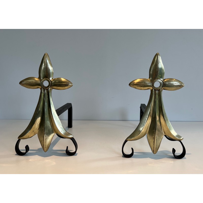 Pair of Art Nouveau Ermine-Motif Bronze and Wrought Iron Andirons, Signed MR, French Work, Circa 1900