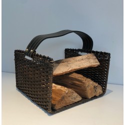 Porte-Bûches en Métal Laqué Noir, Rotin et Cuir, Travail Français, Vers 1970