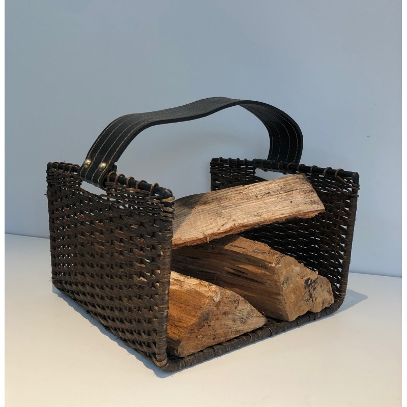 Porte-Bûches en Métal Laqué Noir, Rotin et Cuir, Travail Français, Vers 1970