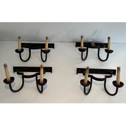 Set of Four Clover-Form Wrought Iron Wall Lights, French Work, Circa 1950