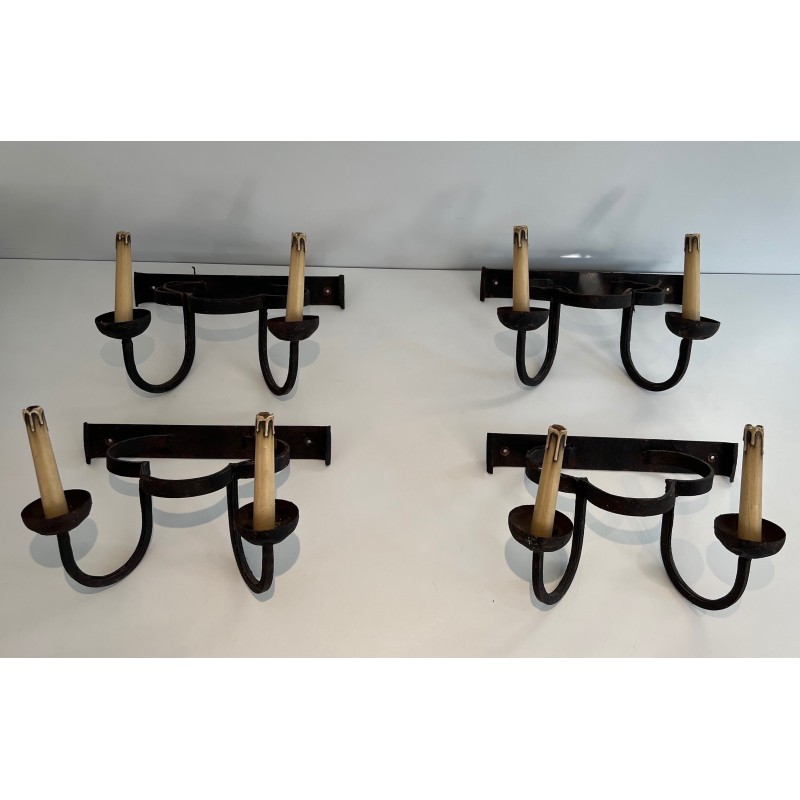 Set of Four Clover-Form Wrought Iron Wall Lights, French Work, Circa 1950