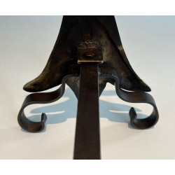 Paire de Chenets Art Nouveau en Bronze et Fer Forgé à Motif d'Hermine, Signés MR, Travail Français, Vers 1900