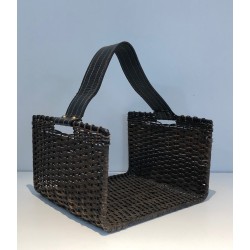 Log Holder in Black Lacquered Metal, Rattan and Leather, French Work, Circa 1970