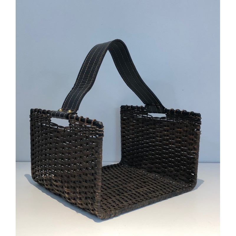 Porte-Bûches en Métal Laqué Noir, Rotin et Cuir, Travail Français, Vers 1970