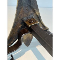 Pair of Art Nouveau Ermine-Motif Bronze and Wrought Iron Andirons, Signed MR, French Work, Circa 1900