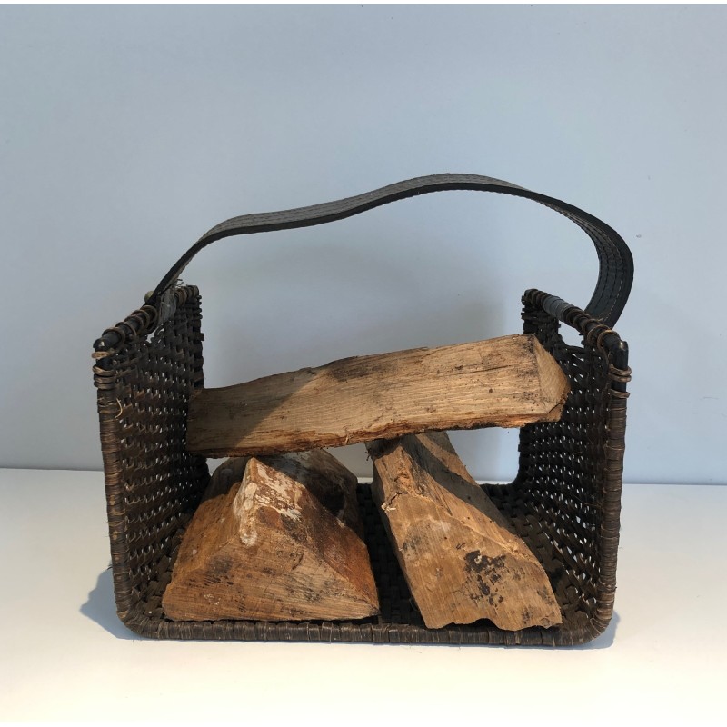 Porte-Bûches en Métal Laqué Noir, Rotin et Cuir, Travail Français, Vers 1970