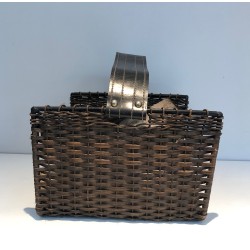 Log Holder in Black Lacquered Metal, Rattan and Leather, French Work, Circa 1970