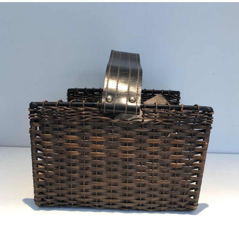 Log Holder in Black Lacquered Metal, Rattan and Leather, French Work, Circa 1970