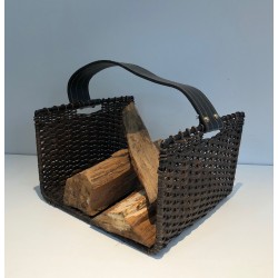 Porte-Bûches en Métal Laqué Noir, Rotin et Cuir, Travail Français, Vers 1970