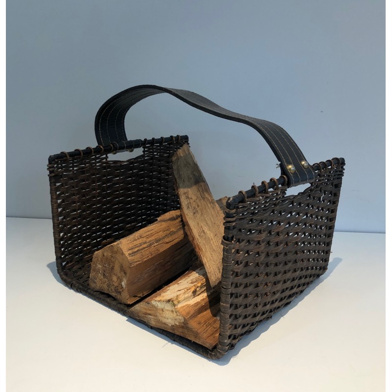 Log Holder in Black Lacquered Metal, Rattan and Leather, French Work, Circa 1970