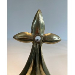 Pair of Art Nouveau Ermine-Motif Bronze and Wrought Iron Andirons, Signed MR, French Work, Circa 1900