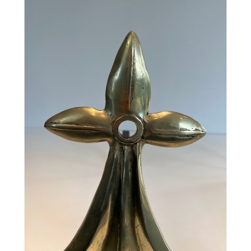 Paire de Chenets Art Nouveau en Bronze et Fer Forgé à Motif d'Hermine, Signés MR, Travail Français, Vers 1900