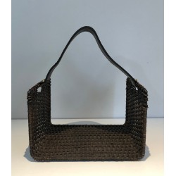 Log Holder in Black Lacquered Metal, Rattan and Leather, French Work, Circa 1970