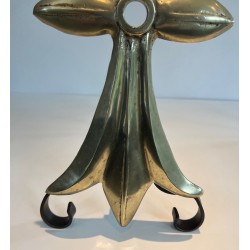 Pair of Art Nouveau Ermine-Motif Bronze and Wrought Iron Andirons, Signed MR, French Work, Circa 1900