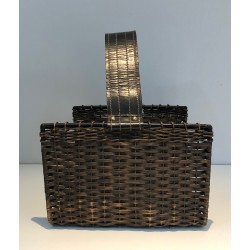 Log Holder in Black Lacquered Metal, Rattan and Leather, French Work, Circa 1970