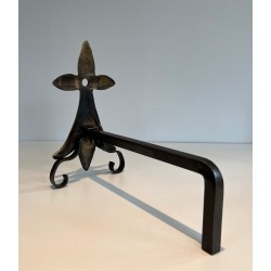 Pair of Art Nouveau Ermine-Motif Bronze and Wrought Iron Andirons, Signed MR, French Work, Circa 1900