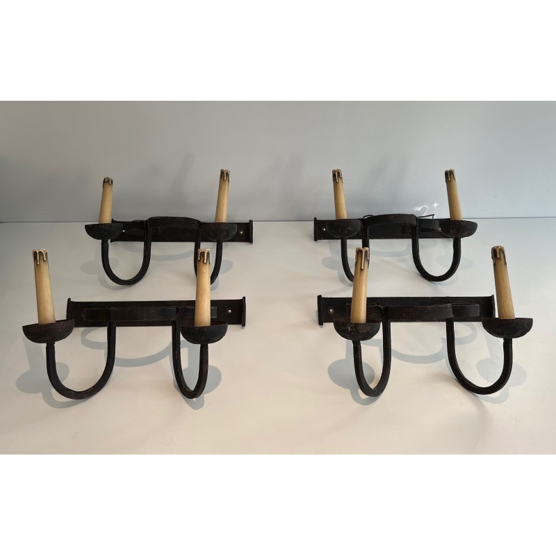 Set of Four Clover-Form Wrought Iron Wall Lights, French Work, Circa 1950