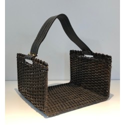 Log Holder in Black Lacquered Metal, Rattan and Leather, French Work, Circa 1970