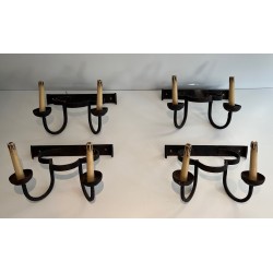 Set of Four Clover-Form Wrought Iron Wall Lights, French Work, Circa 1950