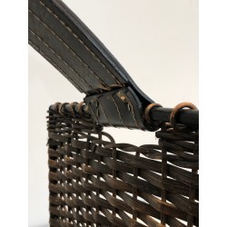 Porte-Bûches en Métal Laqué Noir, Rotin et Cuir, Travail Français, Vers 1970