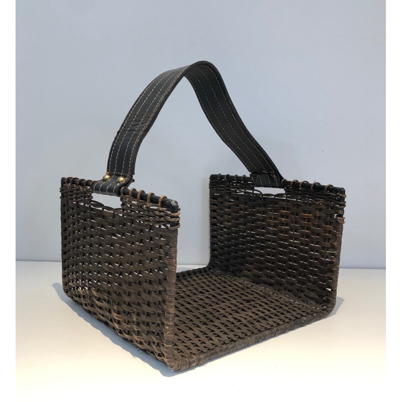 Porte-Bûches en Métal Laqué Noir, Rotin et Cuir, Travail Français, Vers 1970