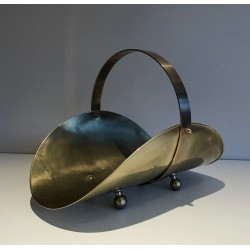 Porte-Bûches Néoclassique en Laiton à Pieds Boules, Travail Français, Vers 1970