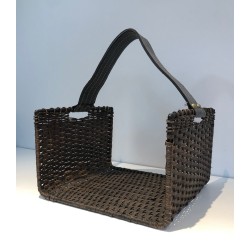 Log Holder in Black Lacquered Metal, Rattan and Leather, French Work, Circa 1970