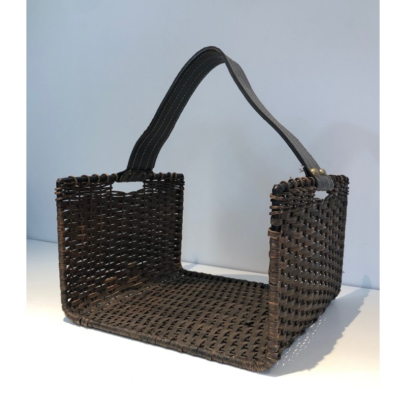 Porte-Bûches en Métal Laqué Noir, Rotin et Cuir, Travail Français, Vers 1970