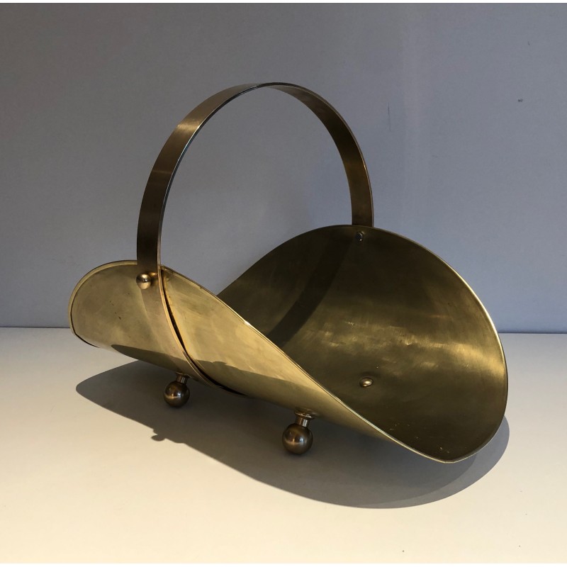 Neoclassical Style Brass Log Holder on Ball Feet, French Work, Circa 1970