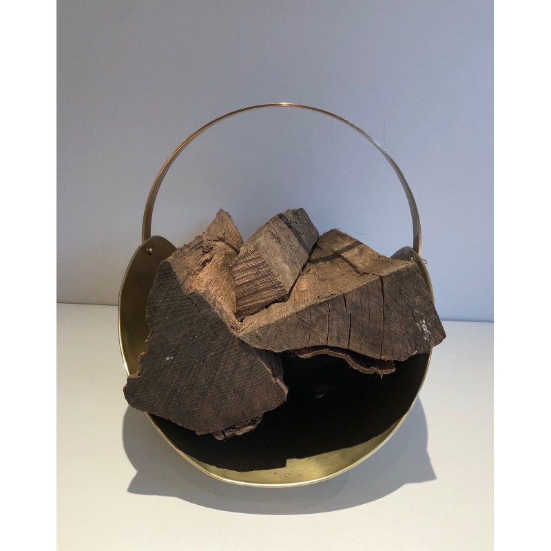 Porte-Bûches Néoclassique en Laiton à Pieds Boules, Travail Français, Vers 1970