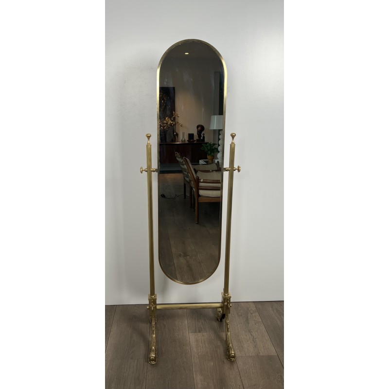 Miroir Psyché Néoclassique en Laiton à Piètement aux Dauphins, Maison Jansen, Travail Français, Vers 1940