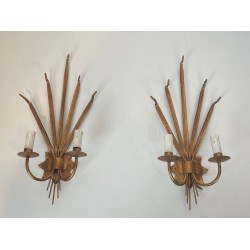 Pair of Gilded Wheat Sheaf Wall Sconces in the Taste of Chanel | French Work, circa 1970